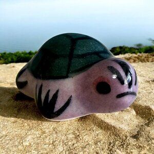 Vintage Tonala Turtle Miniature Mexican Pottery Hand Painted Purple & Green 5/8"